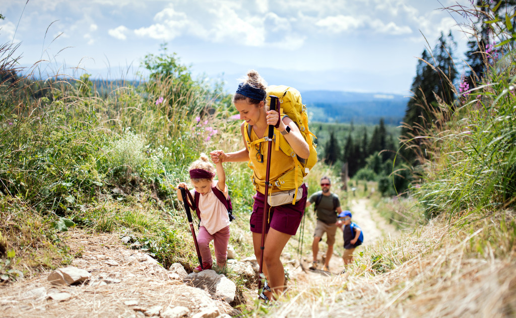 Whole family hiking during the summer
